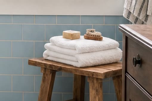 Blue tiled bathroom with folded towels on a wood bench