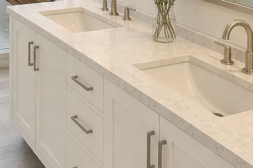 Double vanity in white marble with a vase of flowers